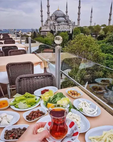 Traditional Turkish Breakfast with a View of the Blue Mosque