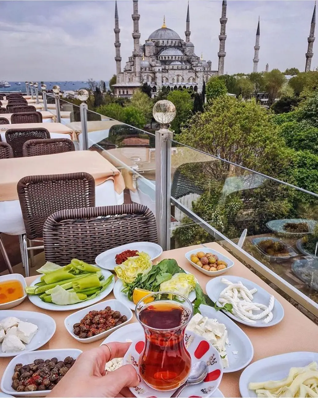 Traditional Turkish Breakfast with a View of the Blue Mosque