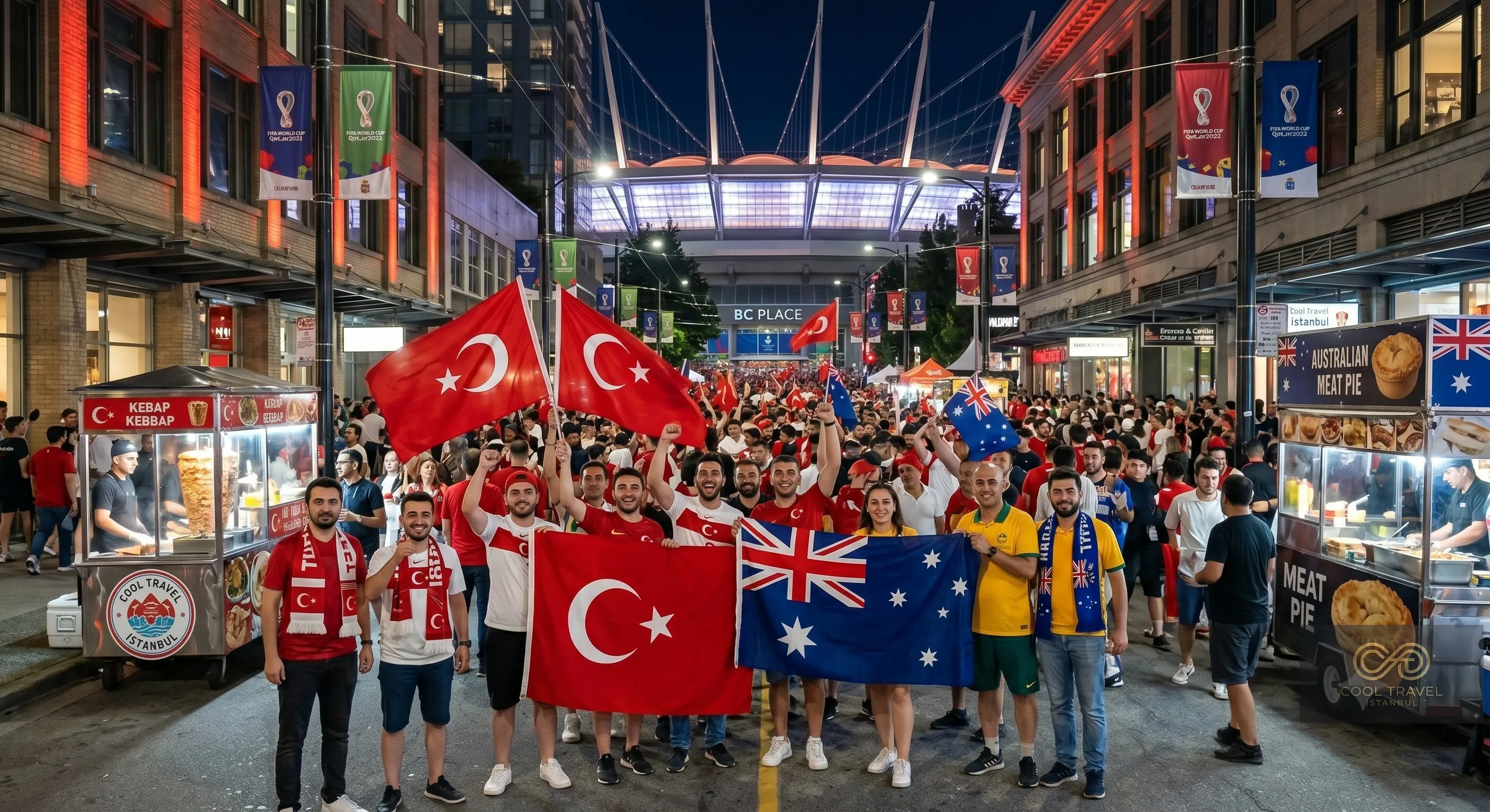 A Unity of Colors: Turkish and Australian fans celebrating together on the streets of Vancouver, embodying the cultural bridge created by global sports events.