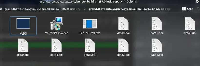 Inside the fake ISO: eight junk .doi files padding out the size, next to the SetupGTAVI.exe dropper - image: @Aidas29506493 / @GTAGolden_ on X