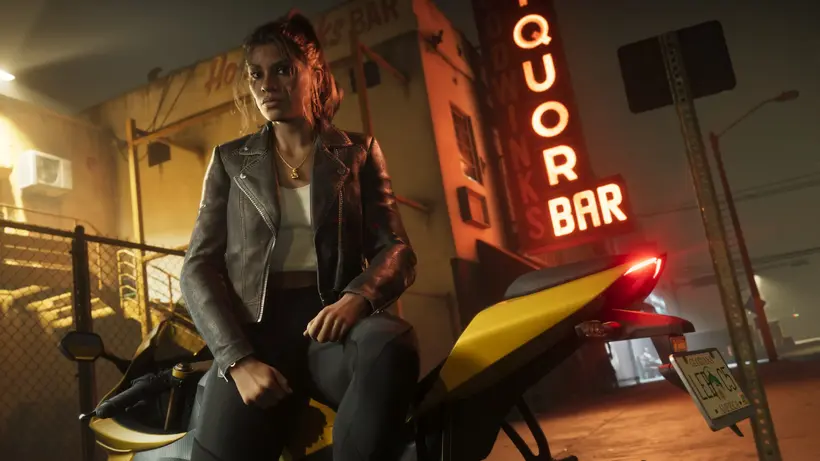 Lucia Caminos outside a Vice City liquor bar at night