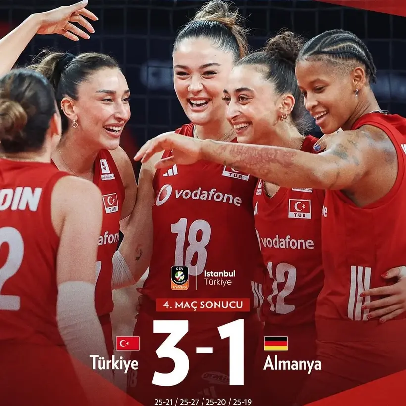 The official graphic from the POOL-STAGE meeting on 26 August, when Turkiye beat Germany 3-1 (25-21, 25-27, 25-20, 25-19). The 3 September quarter-final also ended 3-1 but with different scores. Image: CEV EuroVolley 2026 - rights to be cleared.