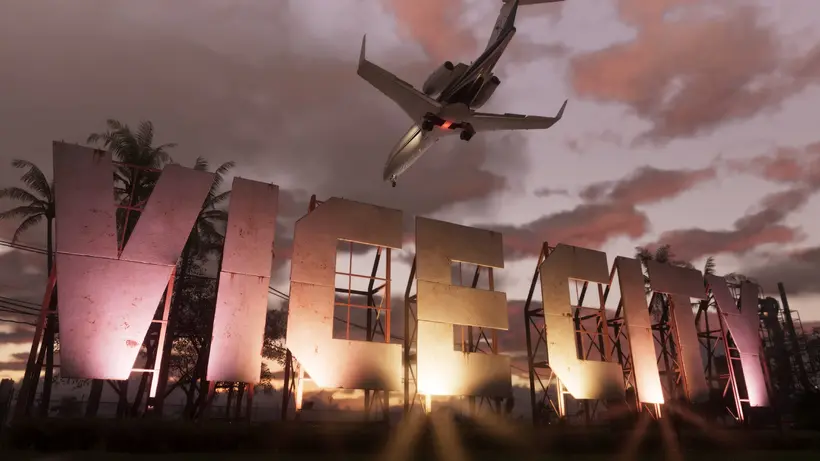 The VICE CITY sign under a landing flight path, from the official Grand Theft Auto VI screenshot set - image: Rockstar Games