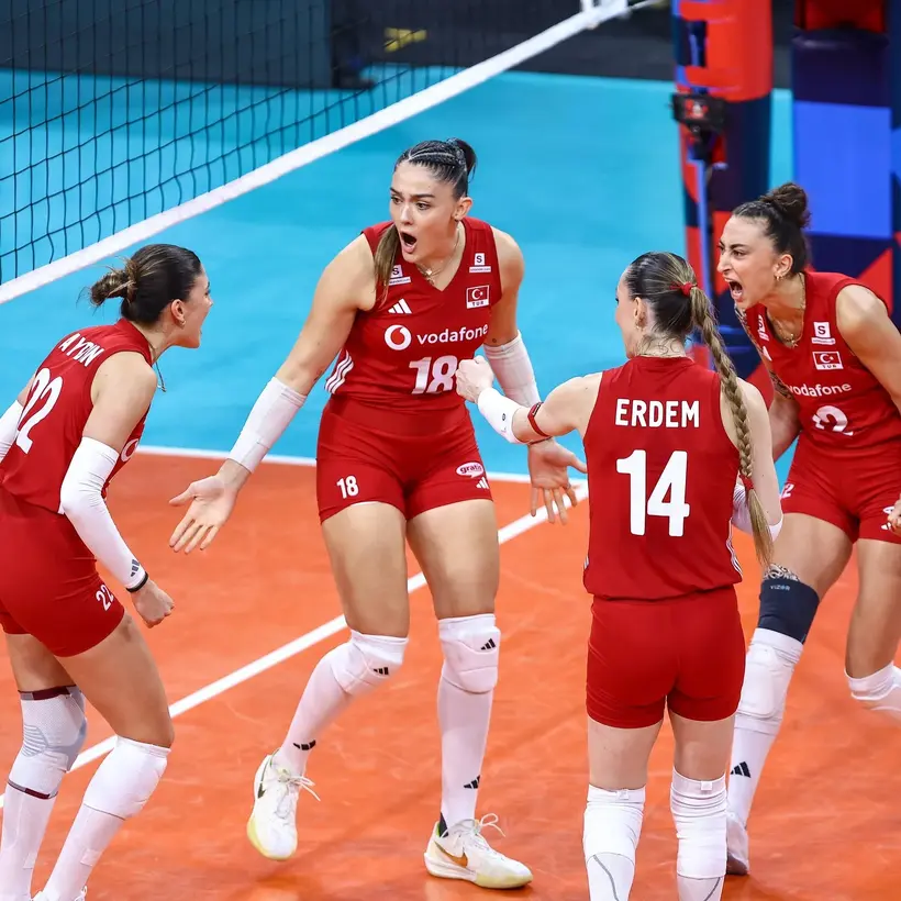 Turkiye celebrate a point at the Sinan Erdem Dome during EuroVolley 2026: Ilkin Aydin (22), Zehra Gunes (18) and captain Eda Erdem (14). Photo supplied with the assignment brief - credit to be confirmed before publication.
